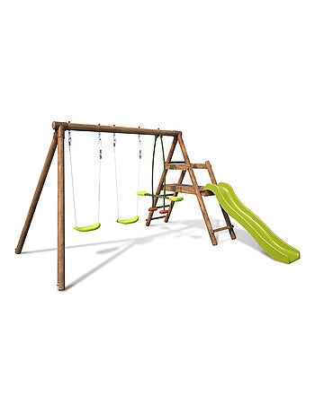 Balançoire en bois traité 3 agrès et toboggan Figue