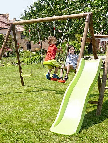 Balançoire en bois traité 3 agrès et toboggan Figue