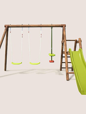 Balançoire en bois traité 3 agrès et toboggan Figue