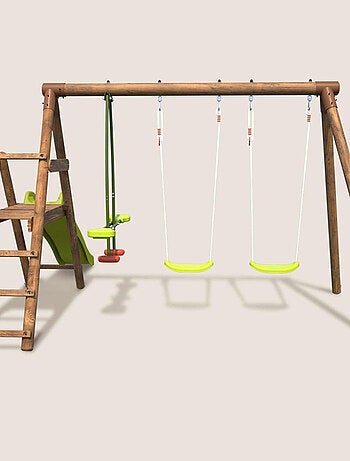 Balançoire en bois traité 3 agrès et toboggan Figue
