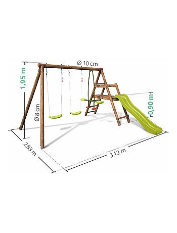 Balançoire en bois traité 3 agrès et toboggan Figue