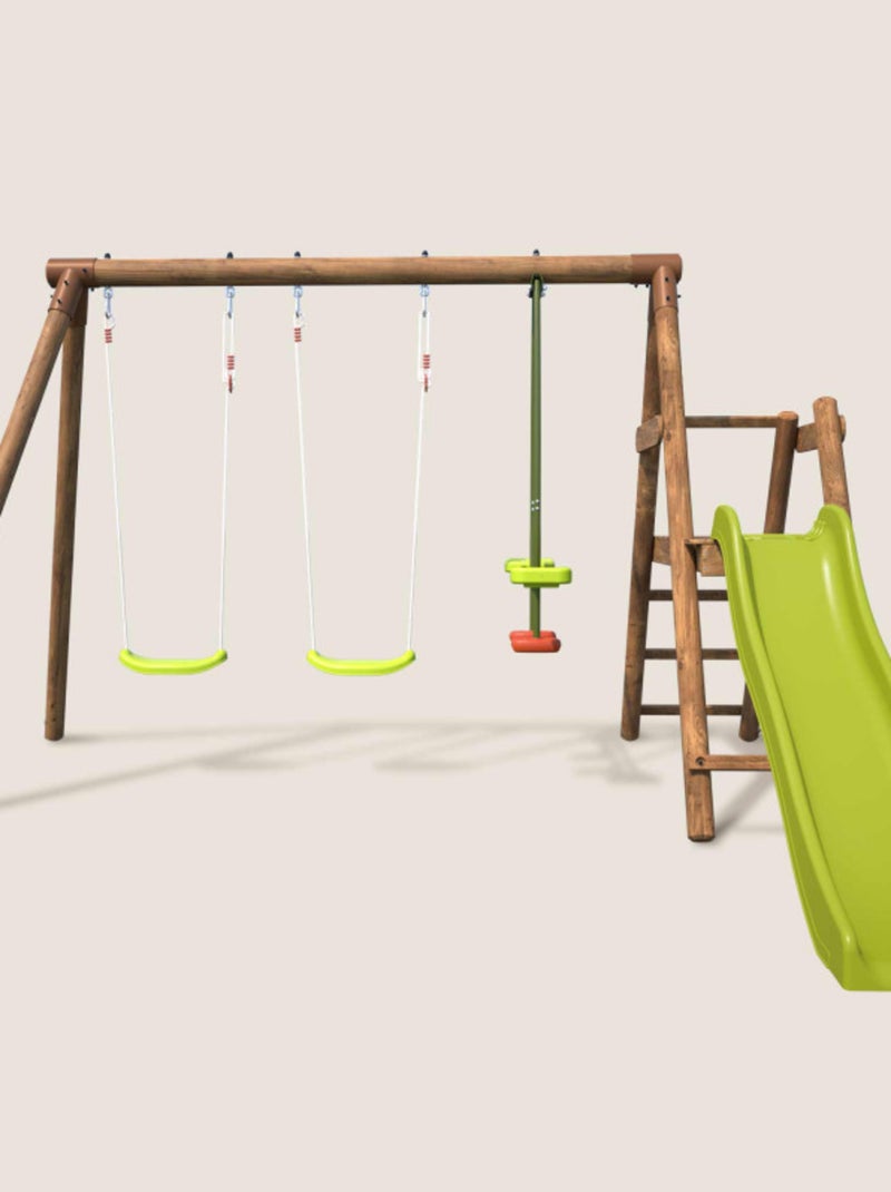 Balançoire en bois traité 3 agrès et toboggan Figue Marron - Kiabi