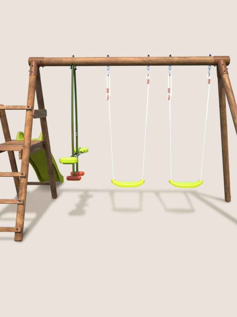 Balançoire en bois traité 3 agrès et toboggan Figue Marron - Kiabi