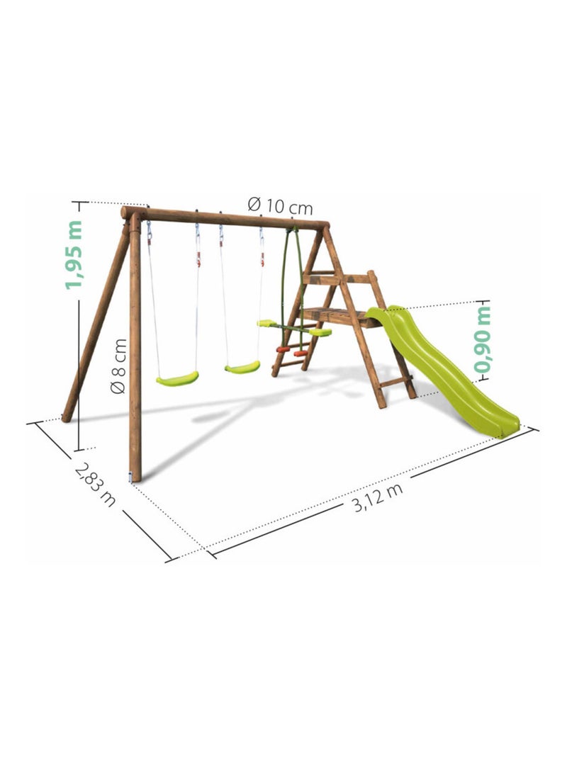 Balançoire en bois traité 3 agrès et toboggan Figue Marron - Kiabi