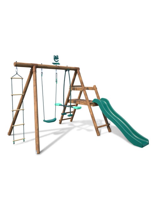Balançoire en bois traité 3 agrès et toboggan Mûrier - Kiabi