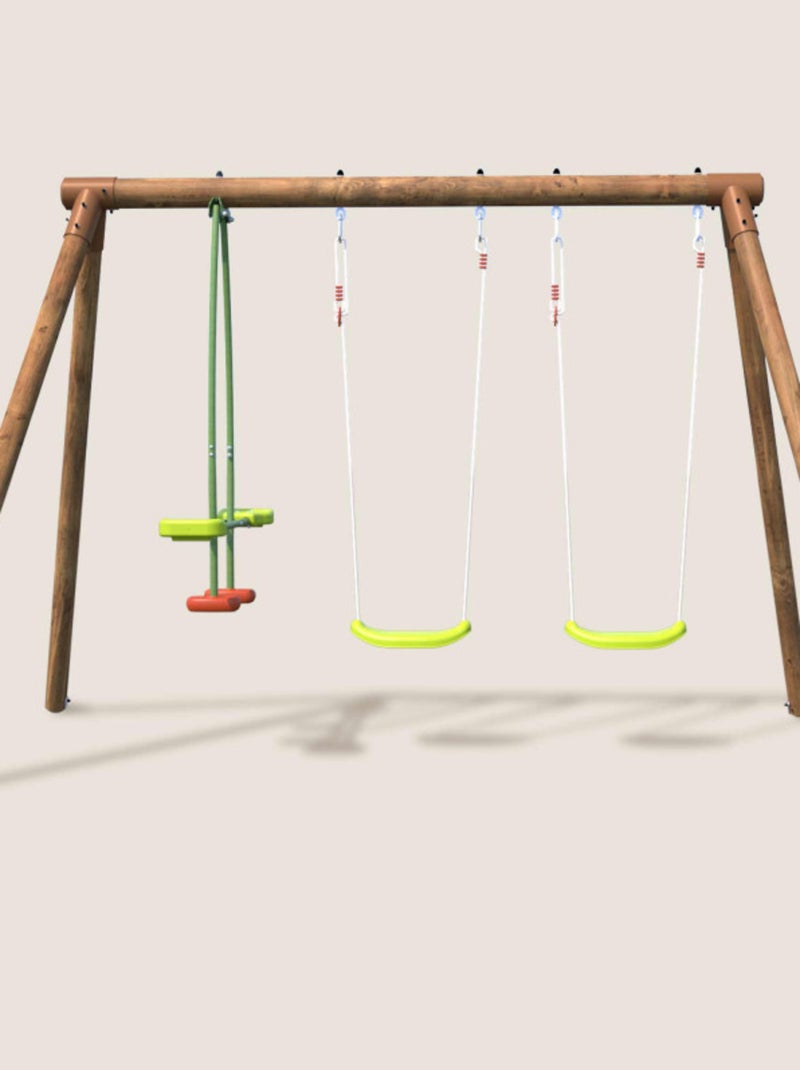 Balançoire en bois traité 3 agrès Pacco Marron - Kiabi