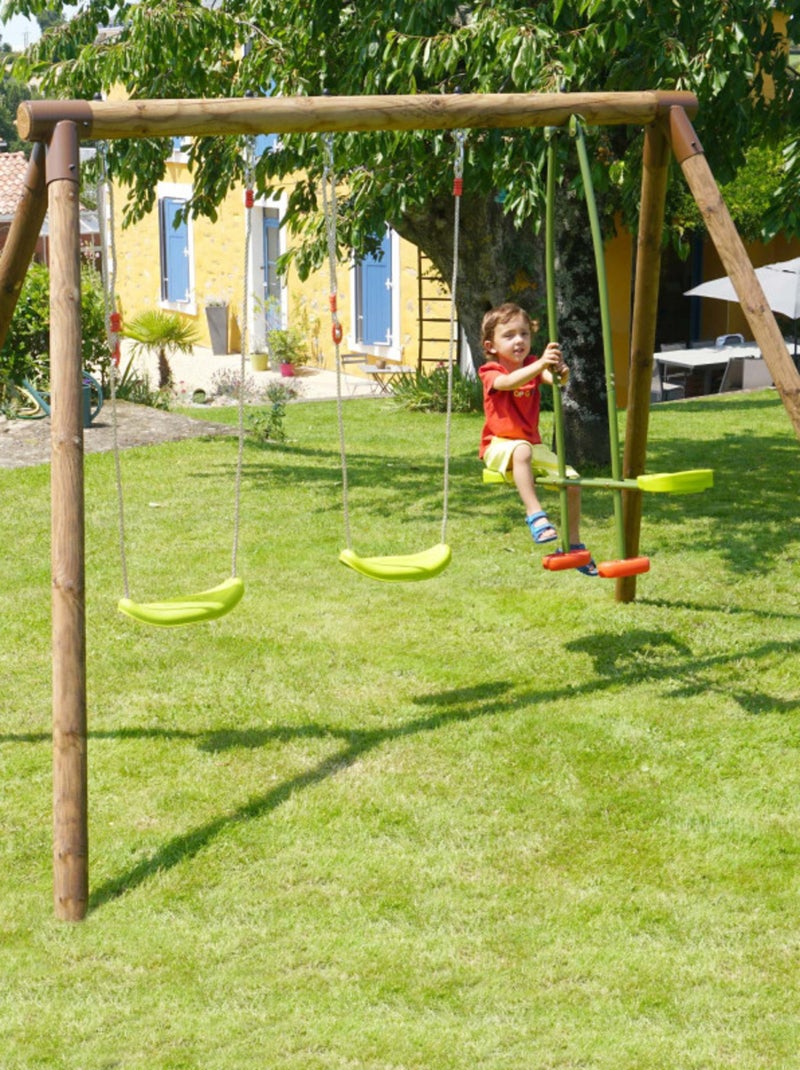 Balançoire en bois traité 3 agrès Pacco Marron - Kiabi