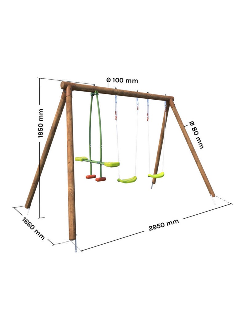 Balançoire en bois traité 3 agrès Pacco Marron - Kiabi