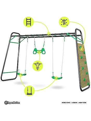 Balançoire xxxl hypermotion en acier avec trapèze et mur d'escalade