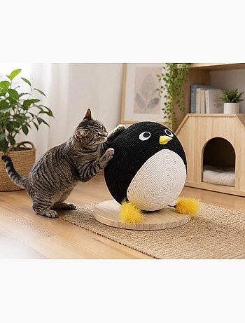 Balle a griffer pingouin pour chat avec corde 30cm