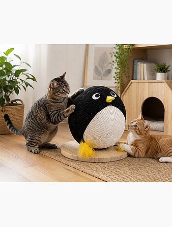 Balle a griffer pingouin pour chat avec corde 30cm