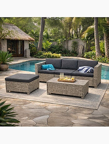 BALLENY - Salon de jardin 4 places en résine tress��e gris et noir