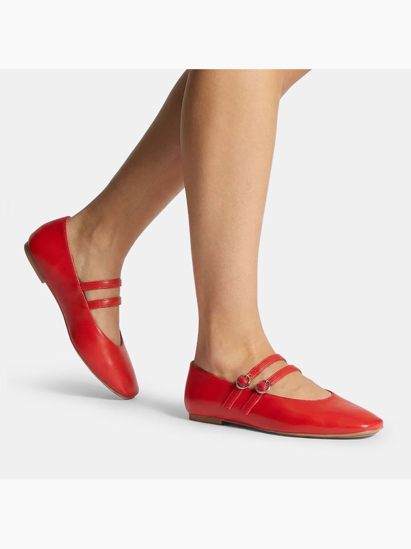 Ballerine plate avec deux brides à boucle et bout carré Rouge - Kiabi