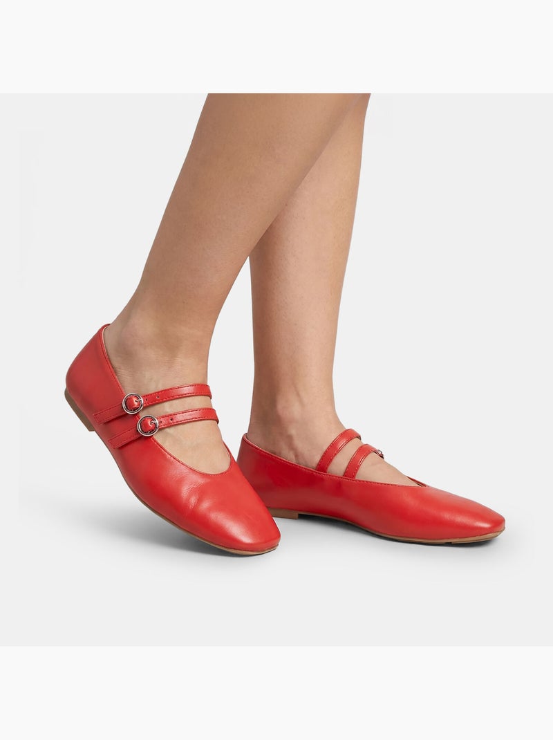 Ballerine plate avec deux brides à boucle et bout carré Rouge - Kiabi