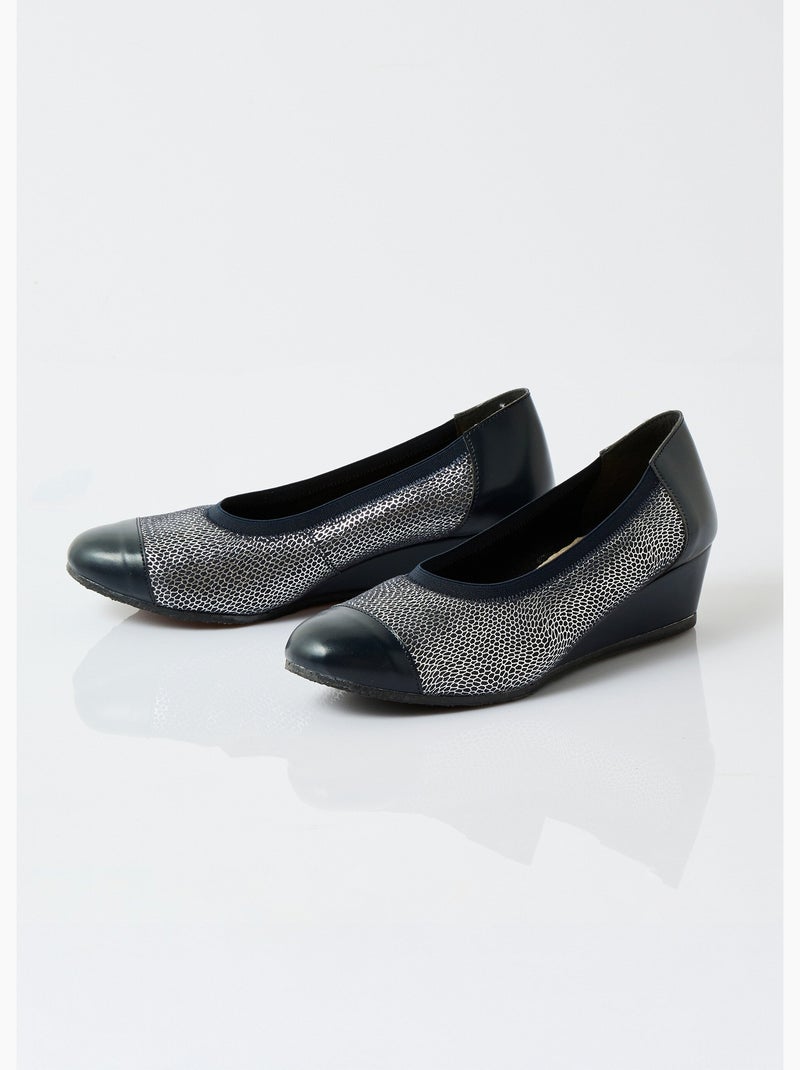 Ballerines compensées cuir largeur confort bi-matière - Afibel Bleu marine - Kiabi