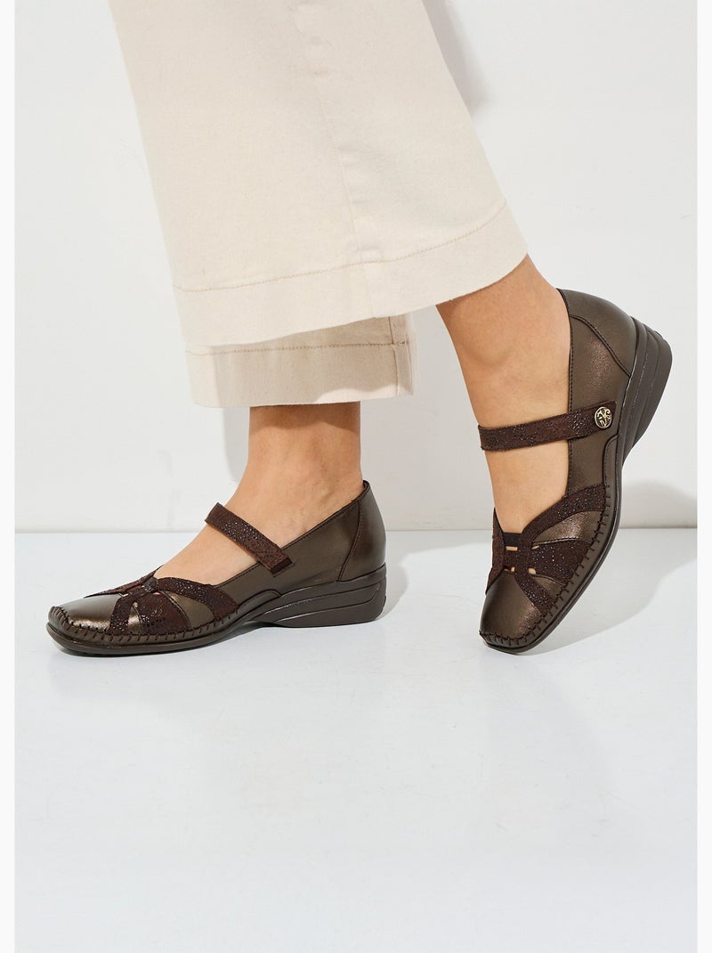 Ballerines largeur confort cuir scratchées - Afibel Marron - Kiabi