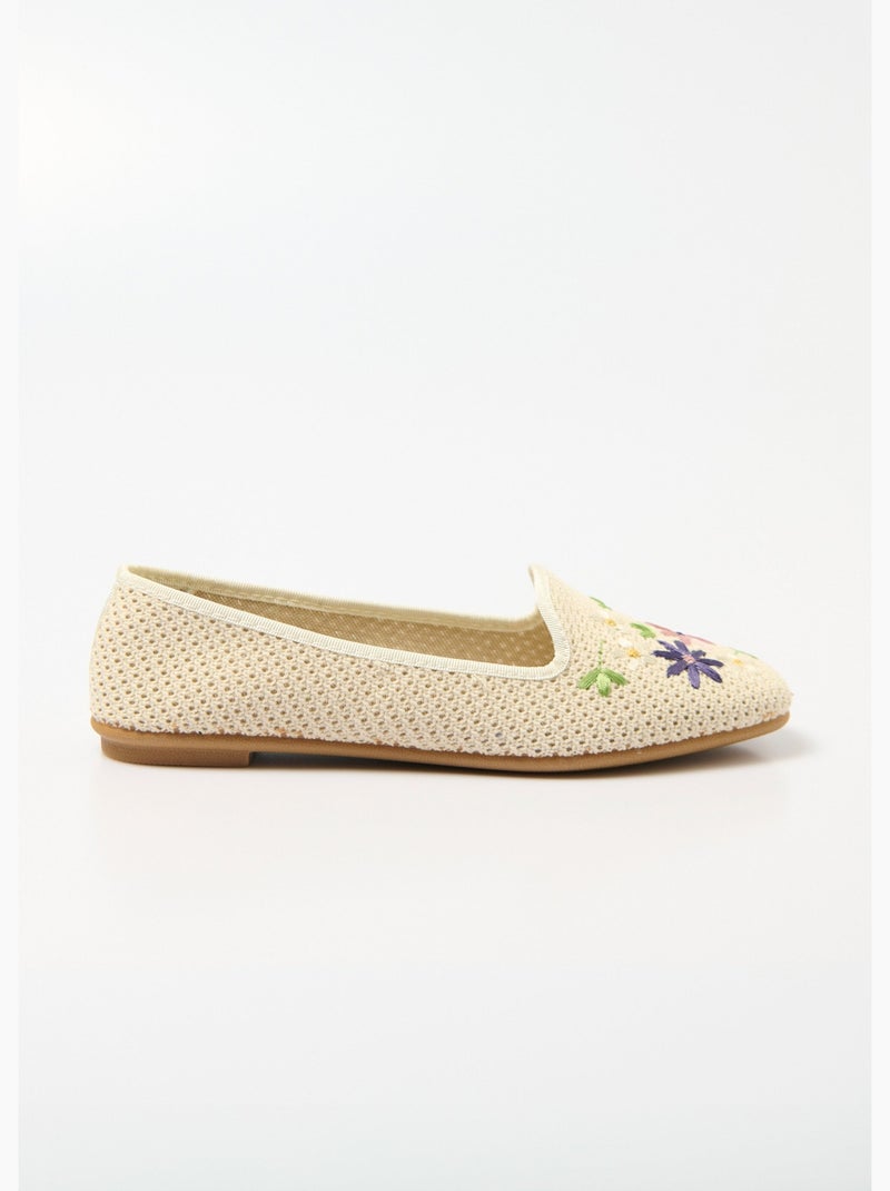 Ballerines ouvertes textile brodé talon plat Beige - Kiabi