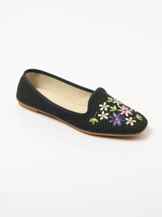 Ballerines ouvertes textile brodé talon plat