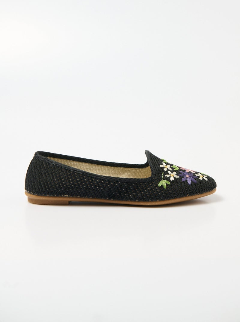 Ballerines ouvertes textile brodé talon plat Noir - Kiabi