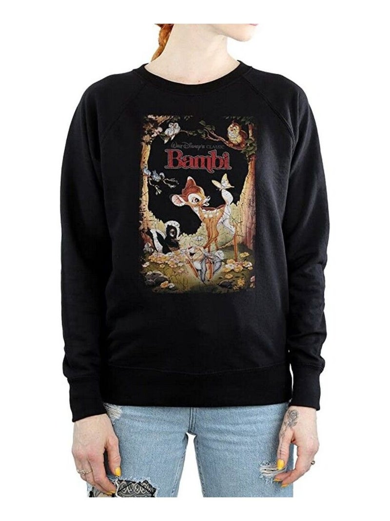 Bambi - Sweat motif/style poster rétro (Bambi, Fleur, Monsieur Hibou, Panpan) Noir - Kiabi