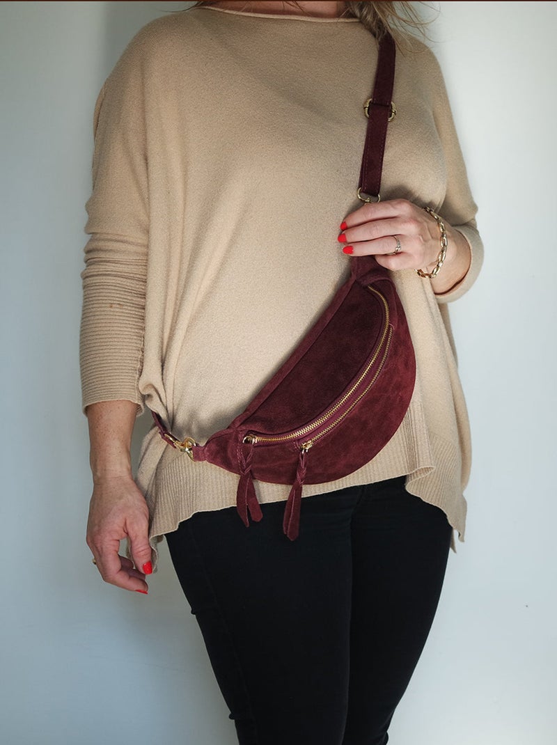 Banane en cuir de nubuk OLIVE Bordeaux - Kiabi