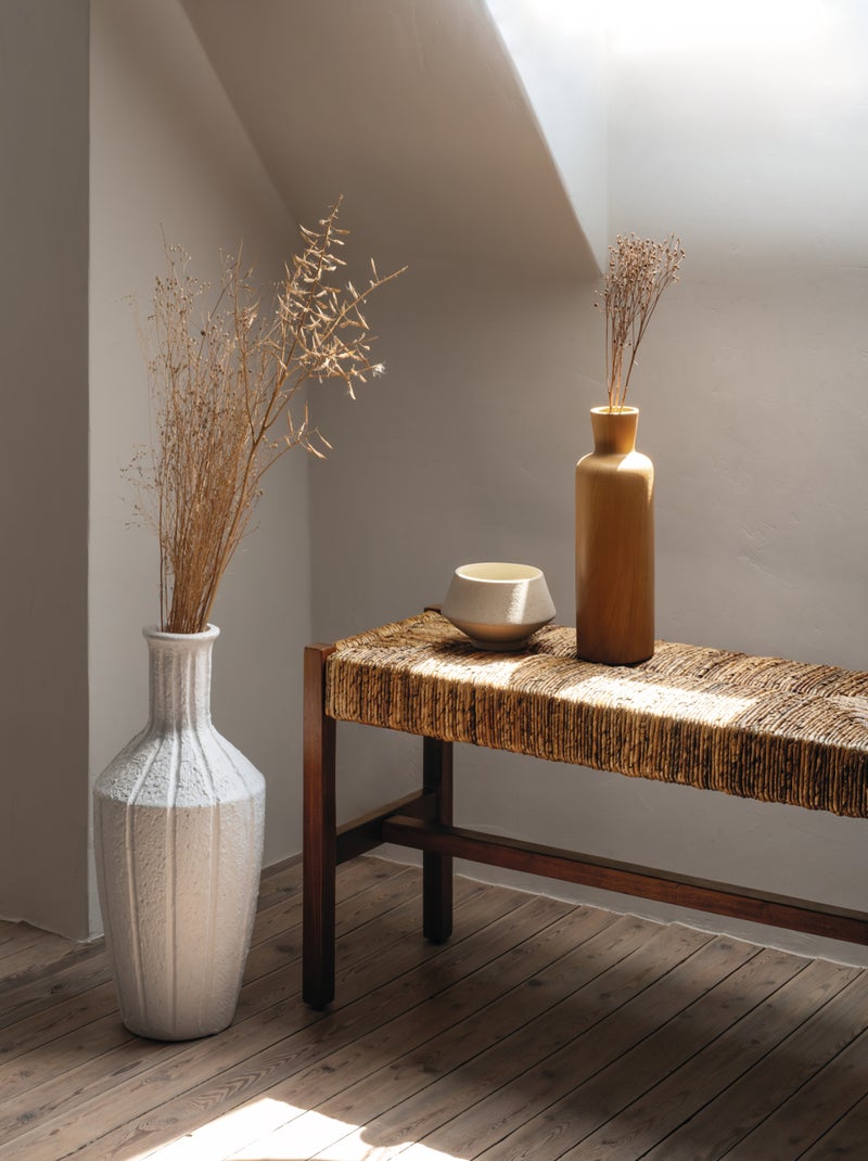 Banc tressé en fibre végétale avec structure en bois Beige coquille - Kiabi