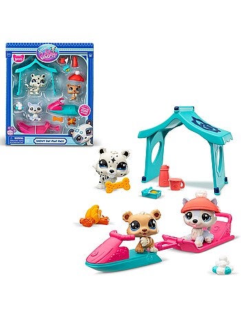 Bandai littlest pet shop - pack set jour de neige 3 animaux et accessoires - littlest pet shop husky
