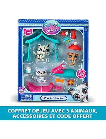 Bandai littlest pet shop - pack set jour de neige 3 animaux et accessoires - littlest pet shop husky