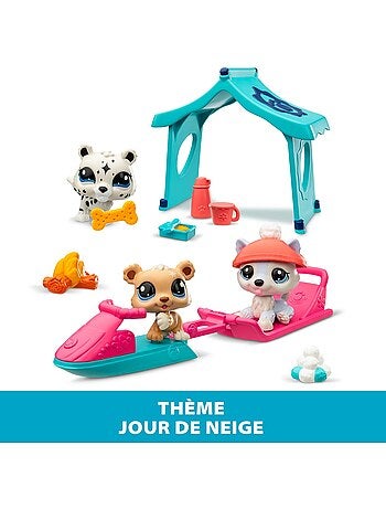 Bandai littlest pet shop - pack set jour de neige 3 animaux et accessoires - littlest pet shop husky