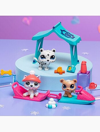 Bandai littlest pet shop - pack set jour de neige 3 animaux et accessoires - littlest pet shop husky