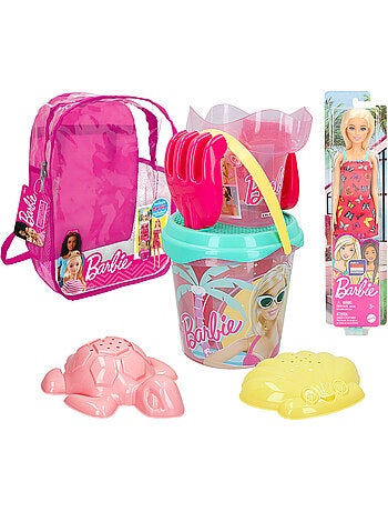 Barbie ensemble beach bucket avec poupée, accessoires et sac de transport
