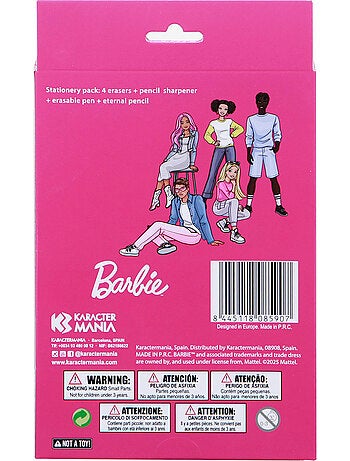 Barbie Mix Pack de Stylo Gel Effaçable + Crayon Éternel + 4 Gommes + Taille-crayon, Rose