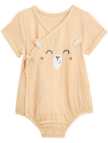Barboteuse bébé en gaze de coton ouverture croisée Noisette