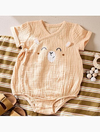 Barboteuse bébé en gaze de coton ouverture croisée Noisette