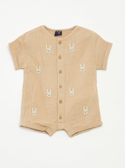 Barboteuse courte en gaze de coton avec broderies fantaisies - Kiabi