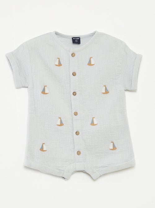 Barboteuse courte en gaze de coton avec broderies fantaisies - Kiabi