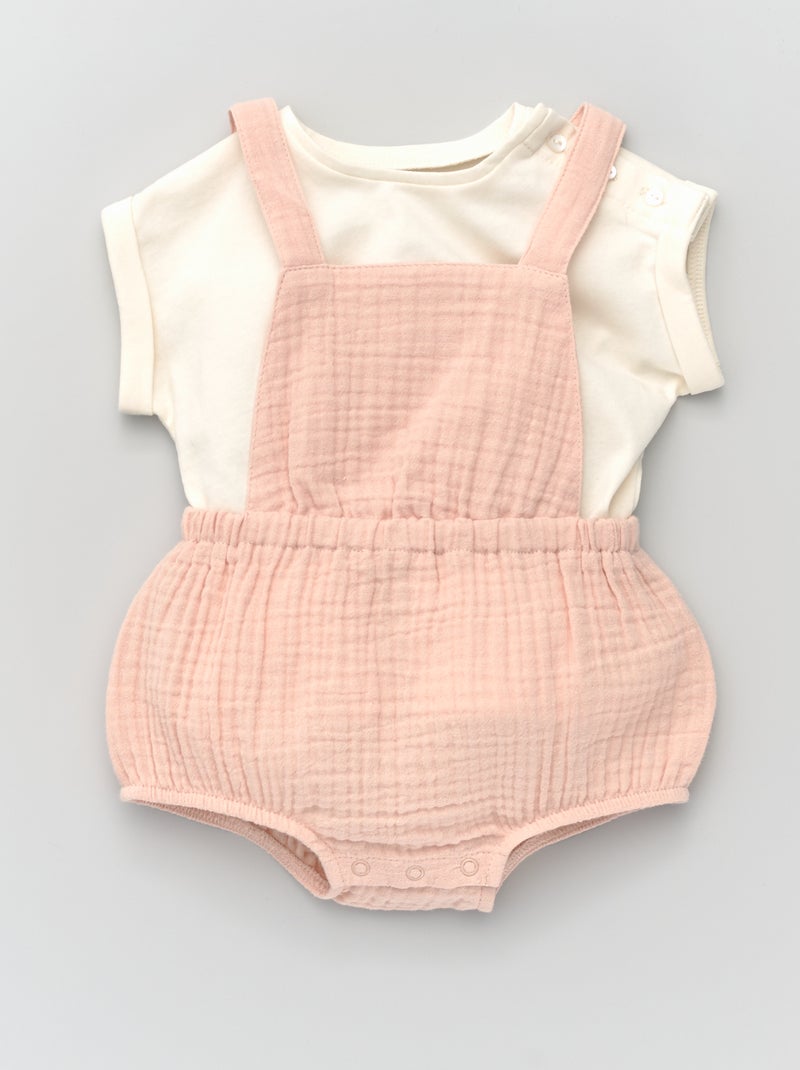 Barboteuse en gaze de coton + t-shirt en jersey Rose - Kiabi
