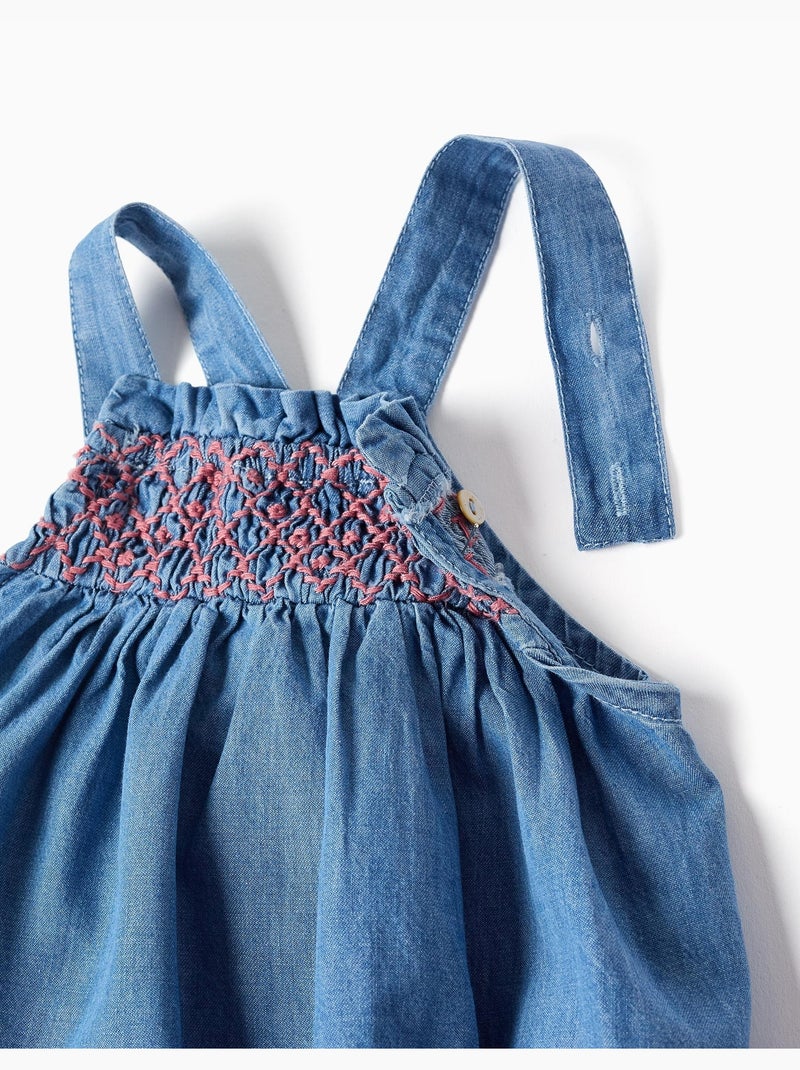 Barboteuse en jean avec broderie et volants Bleu Bleu - Kiabi