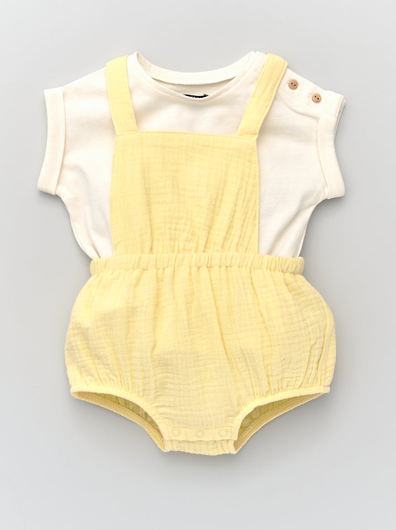 Barboteuse gaze de coton + t-shirt en jersey Blanc/jaune - Kiabi