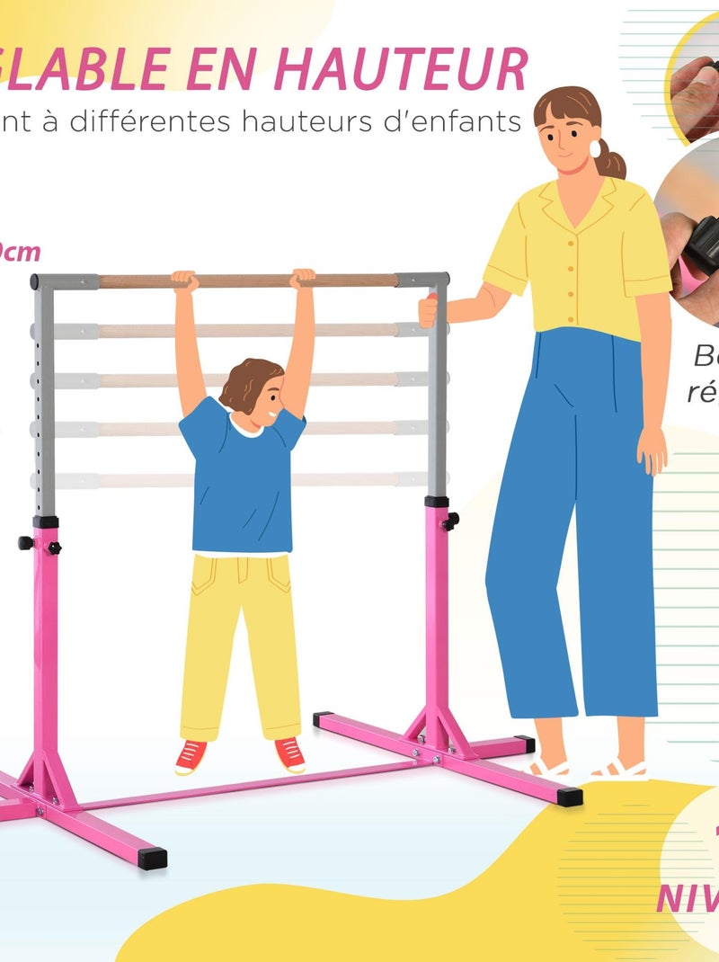 Barre fixe de gymnastique enfant hauteur réglable 13 niveaux acier hêtre Rose - Kiabi
