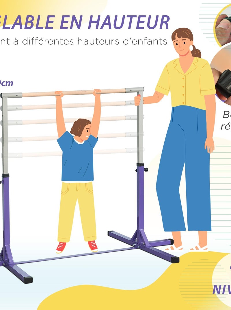 Barre fixe de gymnastique enfant hauteur réglable 13 niveaux acier hêtre Violet - Kiabi