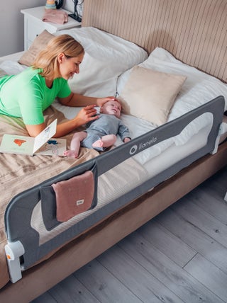 Barrière de lit bébé LIONELO Eva - 150cm - Protection anti-chute - Filet aéré pliable