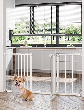 Barrière de sécurité pliable pour chien - 3 panneaux, porte - blanc