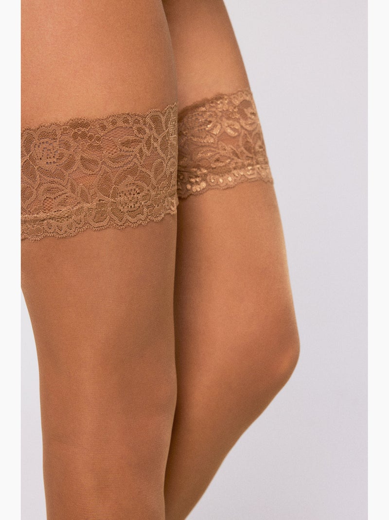 Bas avec jarretière en dentelle, 40 deniers Beige - Kiabi