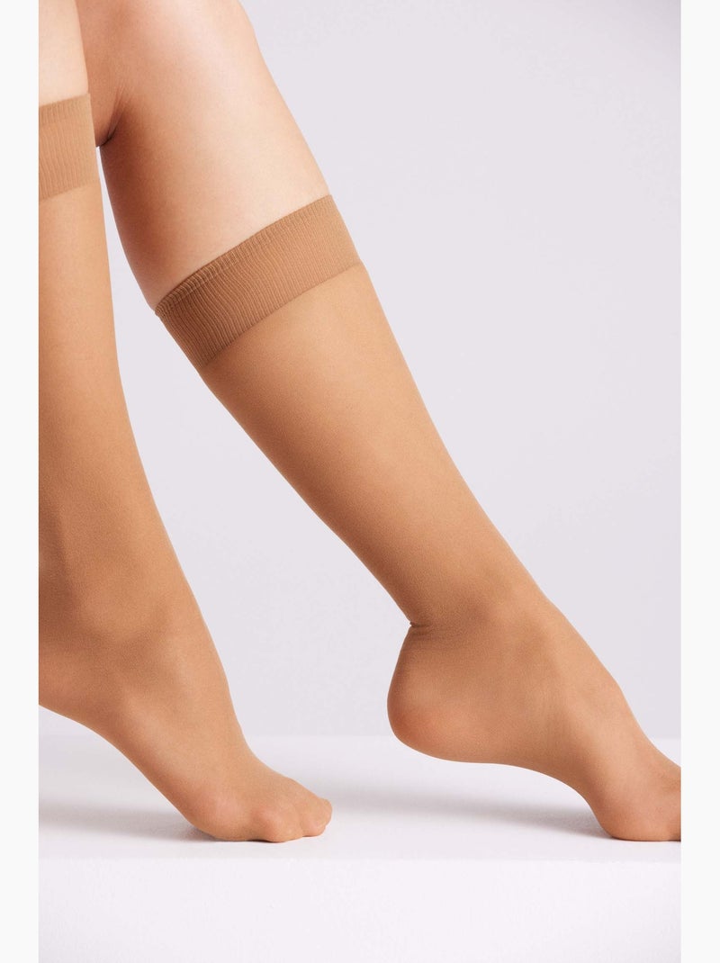 Bas cuissardes à revers anti-pression 17 deniers Beige - Kiabi