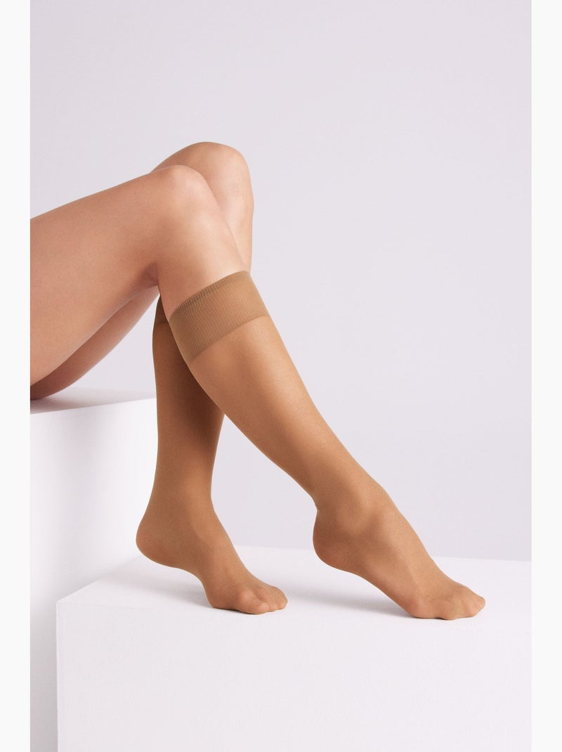 Bas cuissardes à revers anti-pression 17 deniers Beige - Kiabi