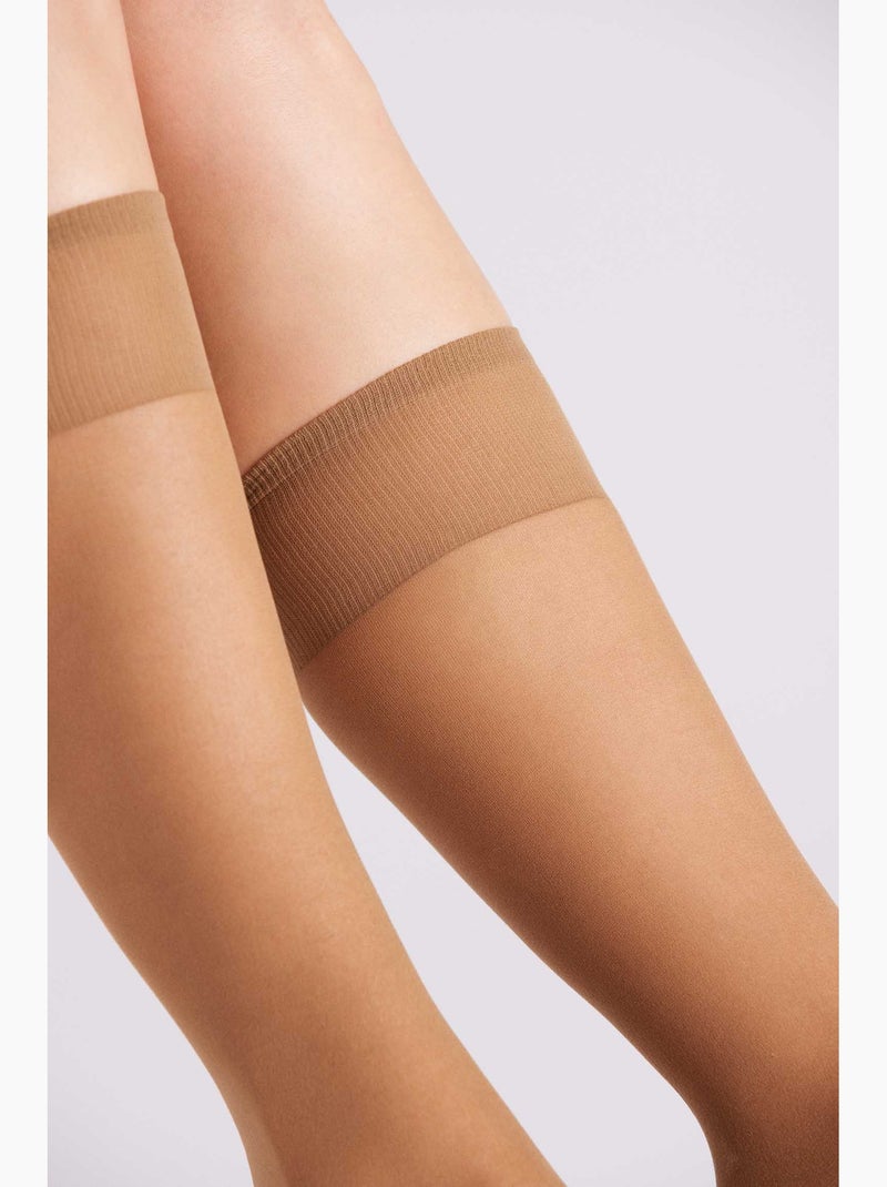 Bas cuissardes à revers anti-pression 17 deniers Beige - Kiabi