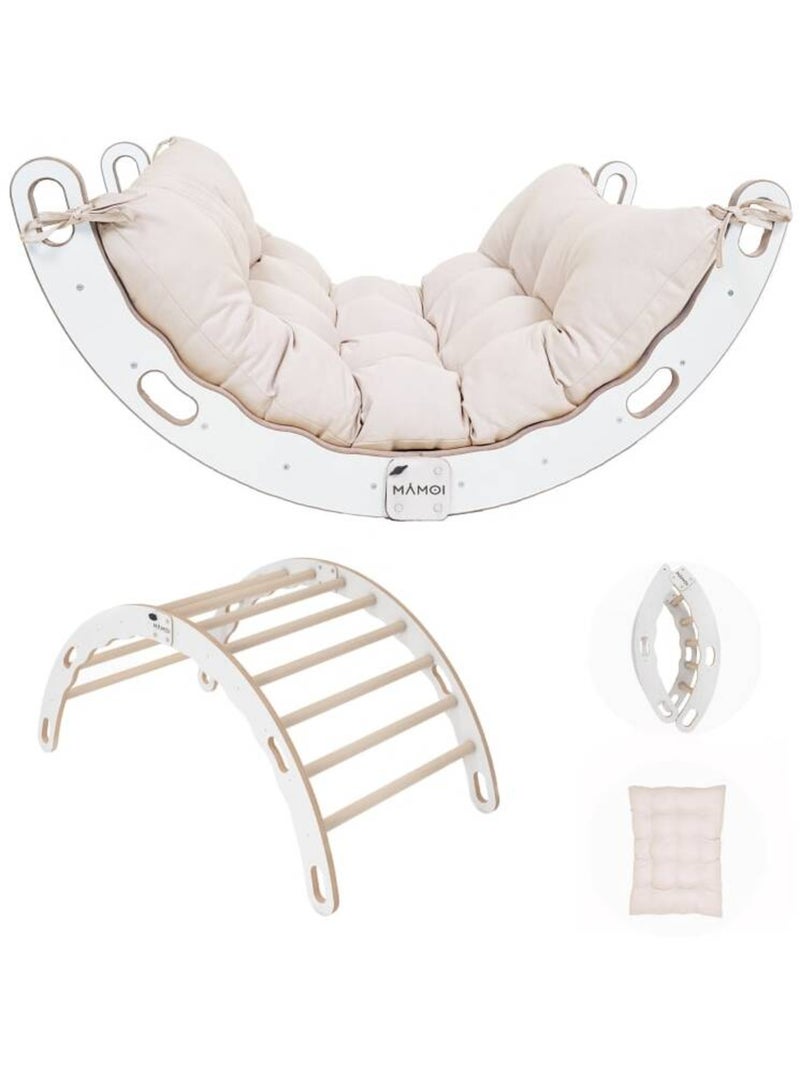 Bascule Montessori 2-en-1 Arche de Pikler & bascule en bois pliable Coussin Blanc Beige - Kiabi