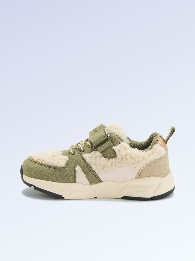Baskets basses en suédine et effet moutonné Kaki - Kiabi