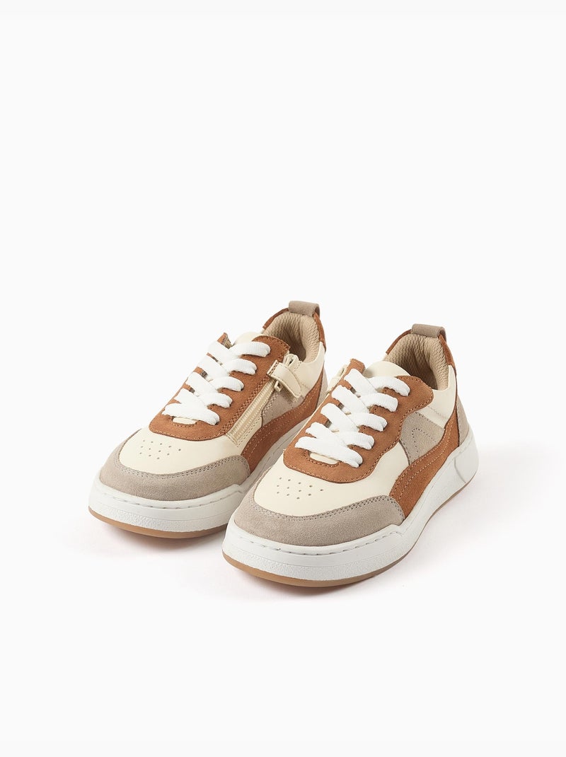 Baskets bi-matière à lacets Beige clair - Kiabi